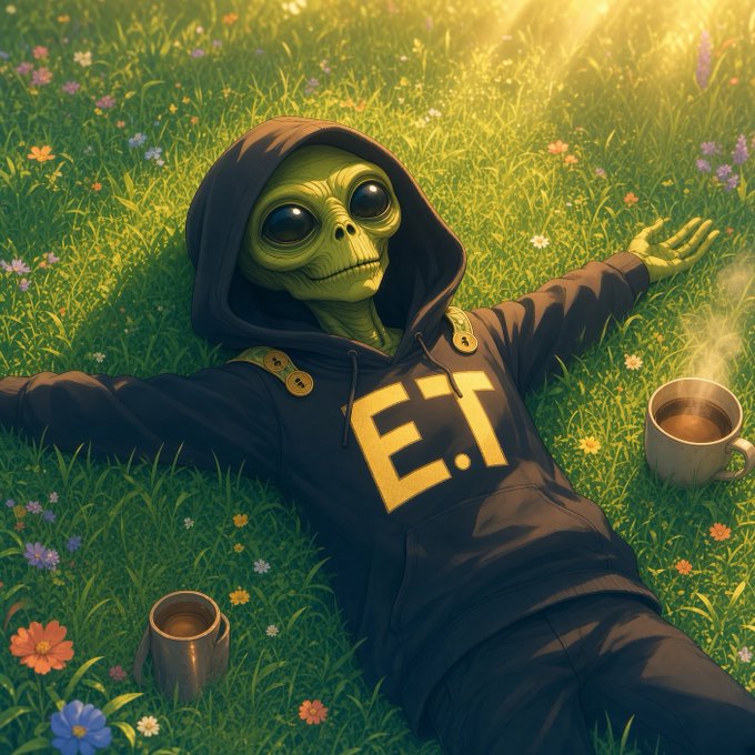 A digital illustration of a green alien in a black "E.T." hoodie lying on a grassy field with wildflowers, with two coffee cups nearby, bathed in warm sunlight.