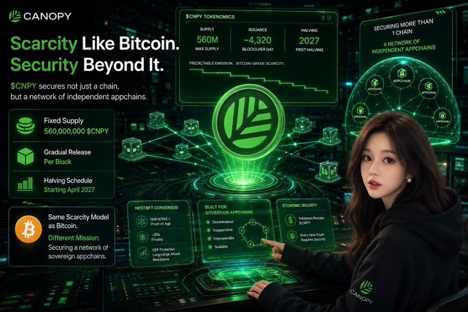 Canopy ($CNPY) promotional graphic titled 'Scarcity Like Bitcoin. Security Beyond It.' highlighting features like 560M max supply, fixed supply of 560,000,000 $CNPY, halving schedule starting April 2027, and sovereign appchain security model.