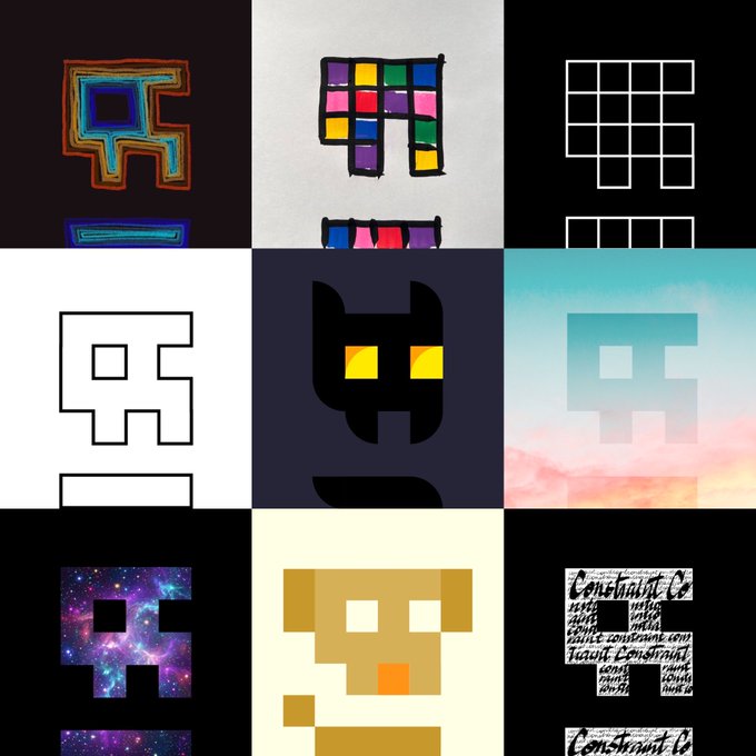 A 3x3 grid of nine creative variations of a pixel-art character logo, rendered in different styles including neon, stained glass, wireframe, galaxy, sunset, and handwritten text designs.