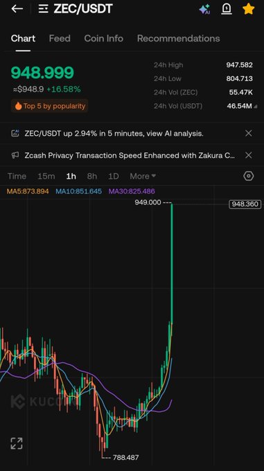 A mobile screenshot of the KuCoin app showing the ZEC/USDT trading chart, with the price spiking dramatically to $948.999 (+16.58%) after hitting a low of $788.487. The image visually supports the post "WHO TOLD YOU $ZEC," highlighting Zcash's sudden and impressive price surge.