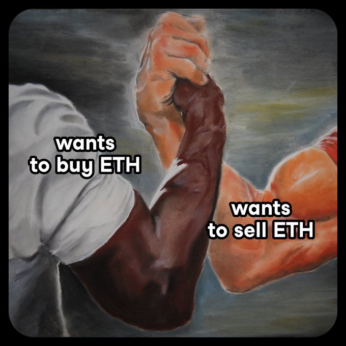 A meme showing two muscular arms arm-wrestling, labeled 'wants to buy ETH' (left) versus 'wants to sell ETH' (right), illustrating crypto market competition.