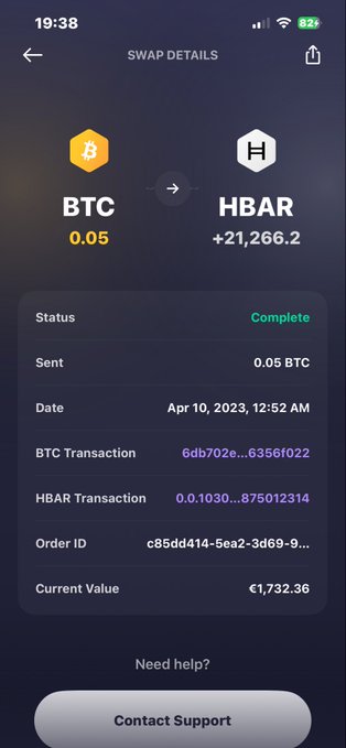 The image shows a cell phone screen displaying information about two cryptocurrency transactions, one of which is Bitcoin (BTC) and the other Hbar (HBR). The text on the screen indicates that the Bitcoin transaction has been completed, while the Hbar transaction is still in progress. The user might be seeking help or support with their Bitcoin transaction, as indicated by the message asking for assistance.