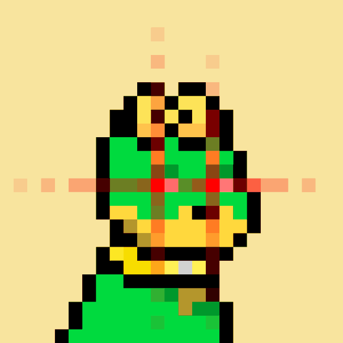 A pixelated 8-bit style image of a green figure with yellow and orange accents on a beige background.