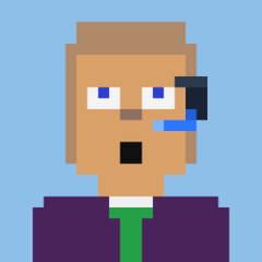 A pixel-art avatar of a tan-skinned man with a surprised expression, wearing a headset with a microphone, purple suit, and green tie on a blue background.