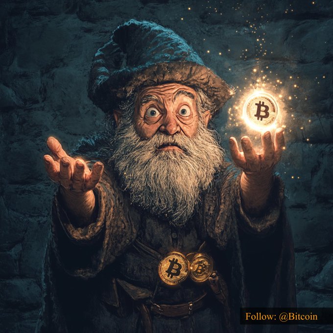 A bewildered, wizard-like old man with a long beard holds a glowing Bitcoin coin in one hand while wearing Bitcoin-adorned attire, with "Follow: @Bitcoin" displayed in the bottom right. The image whimsically depicts the enchantment surrounding Bitcoin's impressive price of $82,702.43, capturing the awe and disbelief often felt as the cryptocurrency reaches new heights.