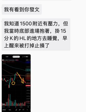 The image shows a chat conversation where the user explains they noticed resistance around 1500 and went long near the bottom at 1480, placing a take-profit at 1486 to sleep, but was stopped out in the morning. Below the text is a candlestick chart screenshot with a hand-drawn orange arrow pointing to the resistance area near 1480-1490, visually illustrating the price level where the trade was executed and stopped out.