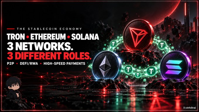 A digital graphic titled 'THE STABLECOIN ECONOMY' features glowing 3D coins for TRON, Ethereum, and Solana alongside the text '3 NETWORKS. 3 DIFFERENT ROLES.' and 'P2P • DeFi/RWA • HIGH-SPEED PAYMENTS,' with an anime-style character in the corner and the username 'Xvinhdztrai'.
