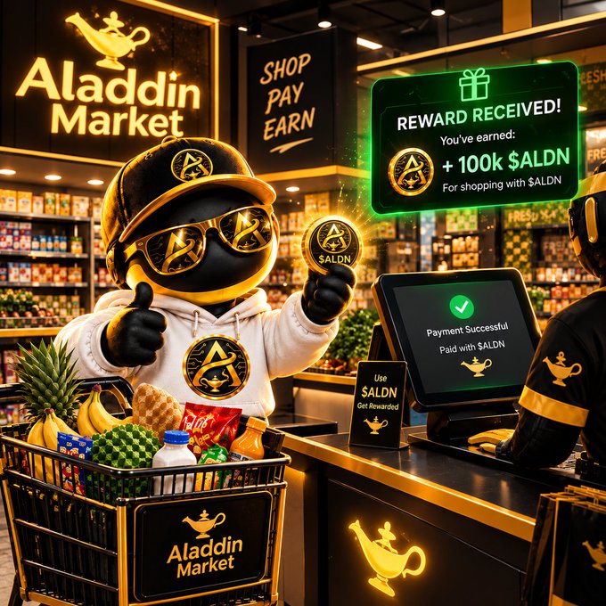 A promotional image for 'Aladdin Market' shows a character in a gold cap and sunglasses giving a thumbs up next to a shopping cart of groceries, with a 'Reward Received! +100k $ALDN' notification.
