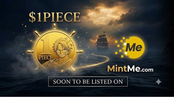 A promotional graphic for '$1PIECE' cryptocurrency featuring a gold coin with an anime character, a pirate ship on the ocean, and text reading 'SOON TO BE LISTED ON MintMe.com'.