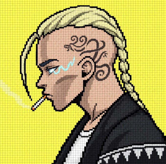 A pixel art style illustration of a person with blonde braids, facial tattoos, and a lightning bolt on their cheek, smoking a cigarette against a yellow grid background.