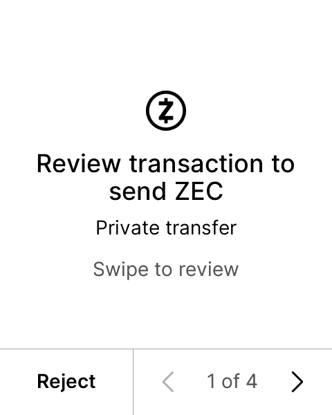 A Ledger device screen displays "Review transaction to send ZEC" with a Zcash (Z) logo, indicating "Private transfer" and prompting "Swipe to review," showing it's on the first of four confirmation pages with a "Reject" option at the bottom. The image illustrates the hardware-level confirmation step for sending shielded Zcash, aligning with the post's announcement of shielded ZEC support in Ledger Wallet and emphasis on transaction privacy verified directly on-device.