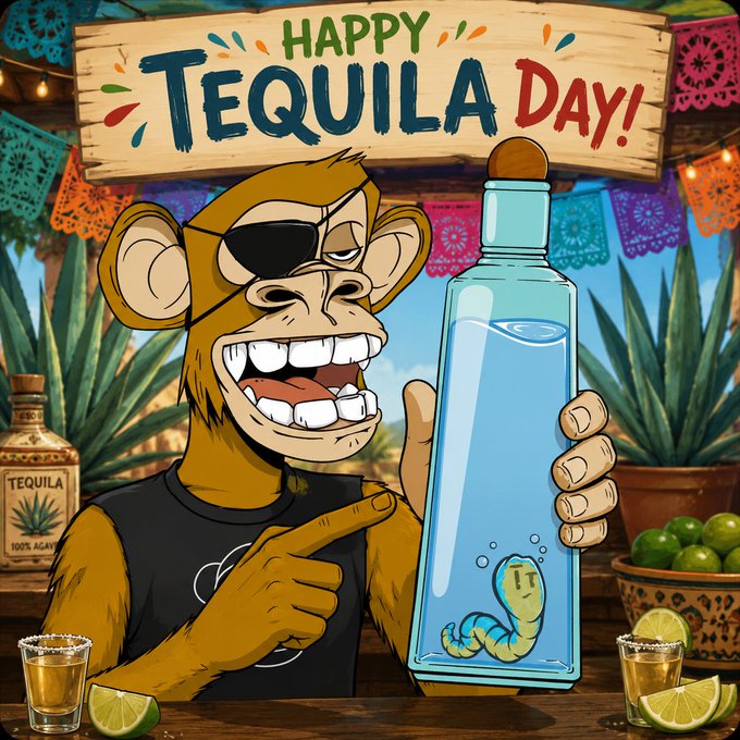 A cartoon monkey wearing an eye patch holds a tequila bottle containing a worm, with a 'Happy Tequila Day!' banner above, surrounded by tequila shots, limes, and agave plants.