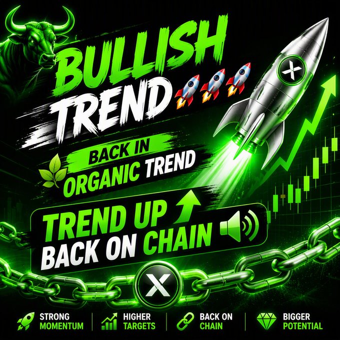 A vibrant green graphic declares 'BULLISH TREND BACK IN ORGANIC TREND' and 'TREND UP BACK ON CHAIN,' featuring a bull head, a rocket launching past smaller rockets, a rising chart, and icons for 'STRONG MOMENTUM,' 'HIGHER TARGETS,' 'BACK ON CHAIN,' and 'BIGGER POTENTIAL.'