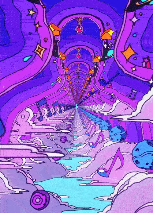 The image features an abstract art piece with purple, blue, pink, and white colors that creates a tunnel-like effect. The artwork has six doors, each leading to a different room or dimension within the painting. There are also musical notes scattered throughout the scene, adding to the surreal atmosphere of the piece. The caption provided seems unrelated to the image itself but might be an attempt to describe the overall theme and style of the art.