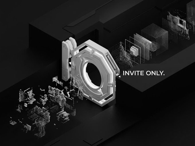 A 3D isometric graphic with the text 'INVITE ONLY.' showing a stylized metallic object and digital debris on a black background.