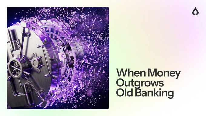 An open vault door explodes outward with purple shards flying through the air, accompanied by the text "When Money Outgrows Old Banking."

The image visually reinforces the post's message about how traditional banking infrastructure is being disrupted by the rapid growth of cross-border B2B stablecoin transactions—symbolizing how the old financial system is breaking apart as new digital payment rails demand different back-office solutions.