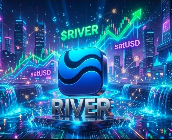 A vibrant promotional graphic for '$RIVER' cryptocurrency featuring a blue wave logo, neon city background, and an upward green chart arrow labeled 'satUSD'.