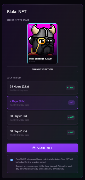 A mobile app interface titled 'Stake NFT' showing a pixel art bulldog NFT ('Pixel Bulldogs #2520') with lock period options of 24 Hours, 7 Days, 30 Days, and 90 Days, with the 7 Days option currently selected.