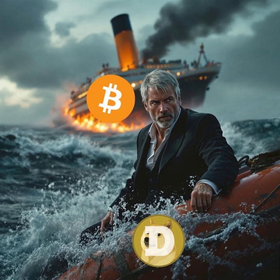 The image features a man wearing a suit, sitting inside an orange raft that has two Bitcoin coins floating above him. The Bitcoin coins are positioned at different angles, with one coin being closer to the viewer and the other further away. The caption below the image reads "Never sell your Dogecoin." This message is related to the Bitcoin coins in the raft as a symbol of the cryptocurrency's value or importance.

The Bitcoin coins floating above the man represent the digital currency that has gained significant attention over the past few years, with some people even referring to it as "digital gold" due to its potential for appreciation and value. The raft serves as a visual representation of the Bitcoin phenomenon and its impact on society.