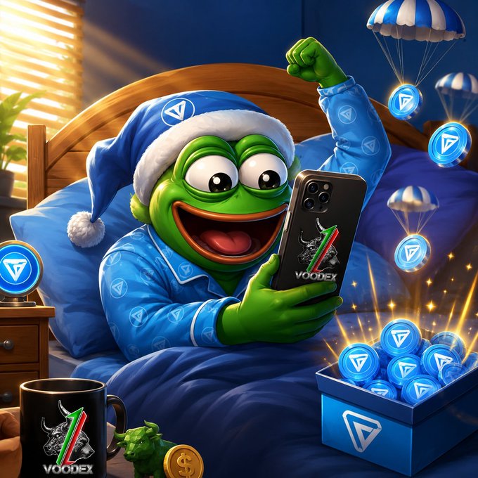 A cartoon Pepe the Frog character wearing pajamas and a nightcap lies in bed, excitedly looking at a smartphone displaying a 'VOODEX' logo while holding a box full of crypto tokens dropping from parachutes.