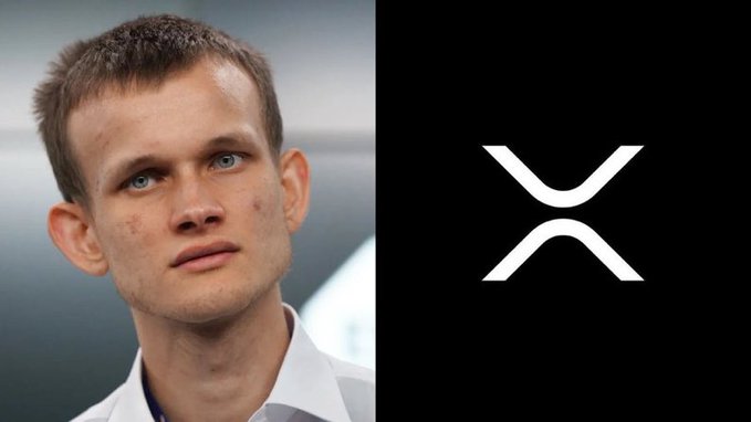 A split image showing Vitalik Buterin, co-founder of Ethereum, on the left and the XRP cryptocurrency logo on the right against a black background.