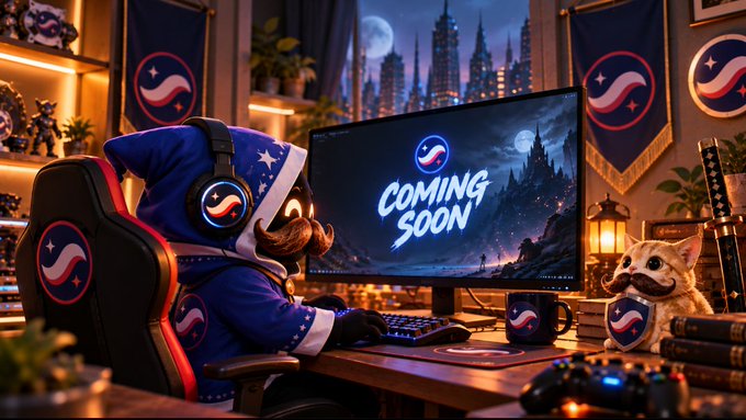A stylized gaming scene showing Sonic the Hedgehog wearing headphones and a gaming headset, sitting at a computer with "COMING SOON" displayed on the monitor, alongside a cat with a mustache in a themed gaming room.