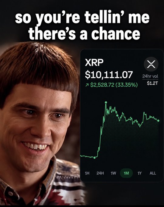 A meme featuring Jim Carrey from Dumb and Dumber with the text "so you're tellin' me there's a chance," paired with a chart showing XRP priced at $10,111.07 with a 33.35% increase.