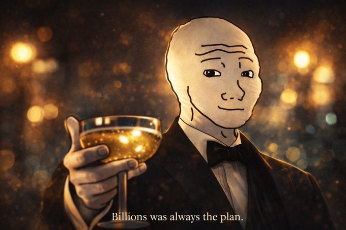 The image features a man wearing a tuxedo holding a glass filled with champagne, which has the caption "I'm in the business of buying billion dollar coins before the masses catch on $WOJAK on ETH". The man appears to be sad or disappointed as he looks down at his drink.
