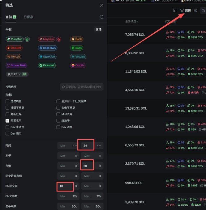 A screenshot of a Chinese cryptocurrency trading platform filter menu with red boxes highlighting values '24', '50', and '10' for time, market cap, and transaction volume.