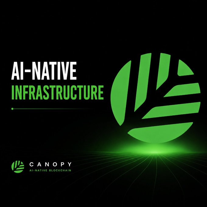 A promotional graphic with black background and green text reading 'AI-NATIVE INFRASTRUCTURE' next to a green leaf-like logo, with the CANOPY logo and tagline 'AI-NATIVE BLOCKCHAIN' at the bottom.