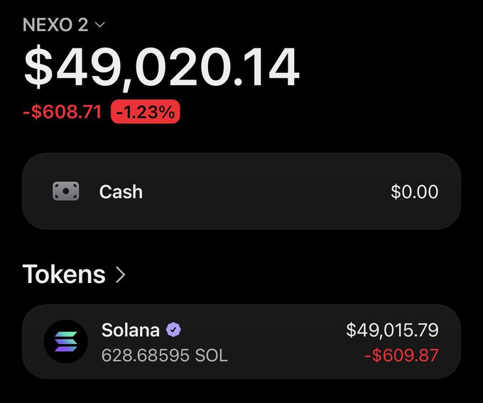 The image shows a crypto wallet (NEXO 2) displaying a balance of $49,020.14, down $608.71 (-1.23%), held entirely in 628.68595 Solana (SOL) valued at $49,015.79. It appears to support a social media post soliciting Solana addresses by showcasing a substantial SOL holding to attract followers with promises of an airdrop.