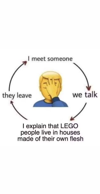 The image shows a cartoon depiction of a person with their hand over their face, accompanied by text that reads "I explain that LEGO people live in houses made of their own flesh". The caption also includes an explanation about Bitcoin.