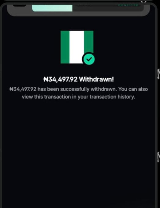 A smartphone screen displaying a successful withdrawal transaction of '₦34,497.92' with a Nigerian flag icon and a green checkmark.
