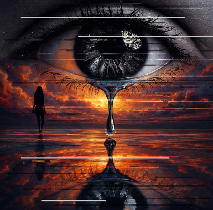 A surreal, glitch-art composition featuring a giant, detailed eye above a fiery sunset ocean scene, with a silhouetted figure walking on the reflective water and digital distortion lines cutting across the image.