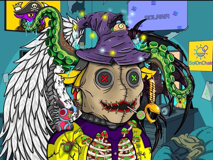 This illustration features the "Wizzy BullBear" character, a hybrid creature sporting a purple wizard hat, green tentacles, and a golden helmet earring, representing a crossover of the SOL-based projects @VaultRunners, @BullBearsX, and @SolOnChain.