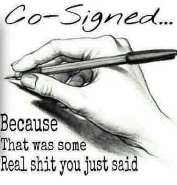 The image shows a black-and-white illustration of a hand holding a pen, with the text "Co-Signed... Because That was some Real shit you just said." The graphic reinforces the post's message by symbolically "co-signing" or endorsing the advice shared by @Dxranteth about perfecting one's own trading style.