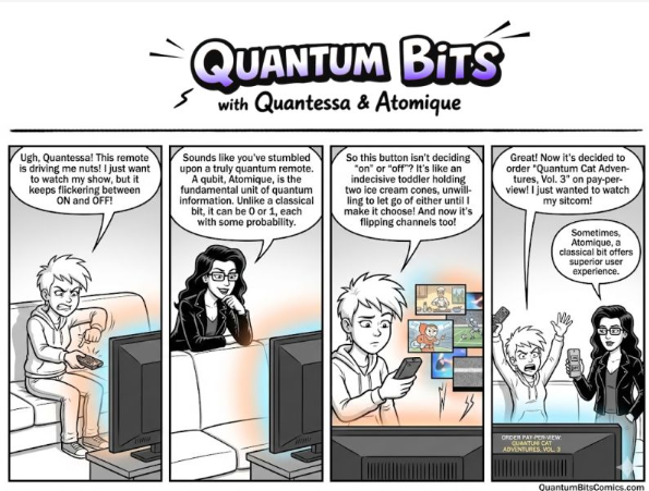 A comic strip titled 'Quantum Bits with Quantessa & Atomique' in which Atomique explains to Quantessa that a 'quantum remote' button isn't actually decisive but holds two ice cream cones, ending with her deciding to order Quantum Cat Adventures Vol. 3.