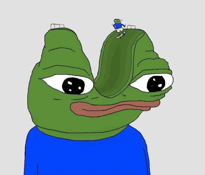 A digital illustration of the Pepe the Frog meme character in a blue shirt, with a tiny figure running across the top of his head.