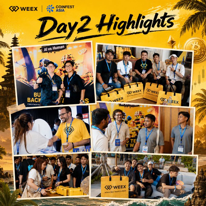 The image shows a collage of Day 2 highlights from WEEX's appearance at Coinfest Asia, featuring attendees posing with WEEX-branded yellow tote bags and interacting with representatives at the "AI vs Human" booth in Bali. Visible text includes "WEEX," "Coinfest Asia," "Day2 Highlights," and "BU BACK" signage, tying directly to the post's caption about WEEX bringing energy to the crypto conference in Bali through tournaments, quick games, and chats with founders, KOLs, and traders.