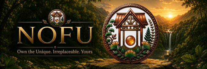 A logo banner for 'NOFU' with the tagline 'Own the Unique. Irreplaceable. Yours,' featuring an ornate house emblem set against a lush mountain landscape at sunset.