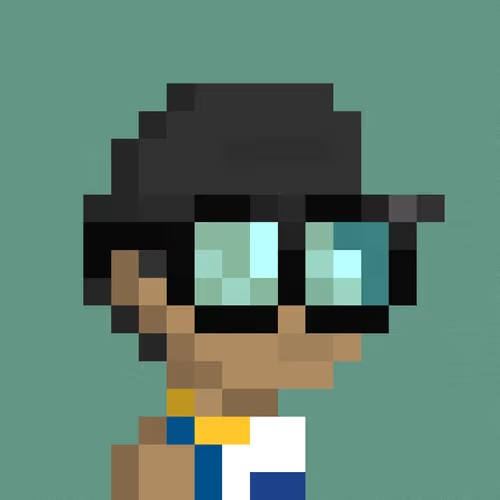 A pixel art style portrait of a character with black hair and glasses shown in profile against a teal background.