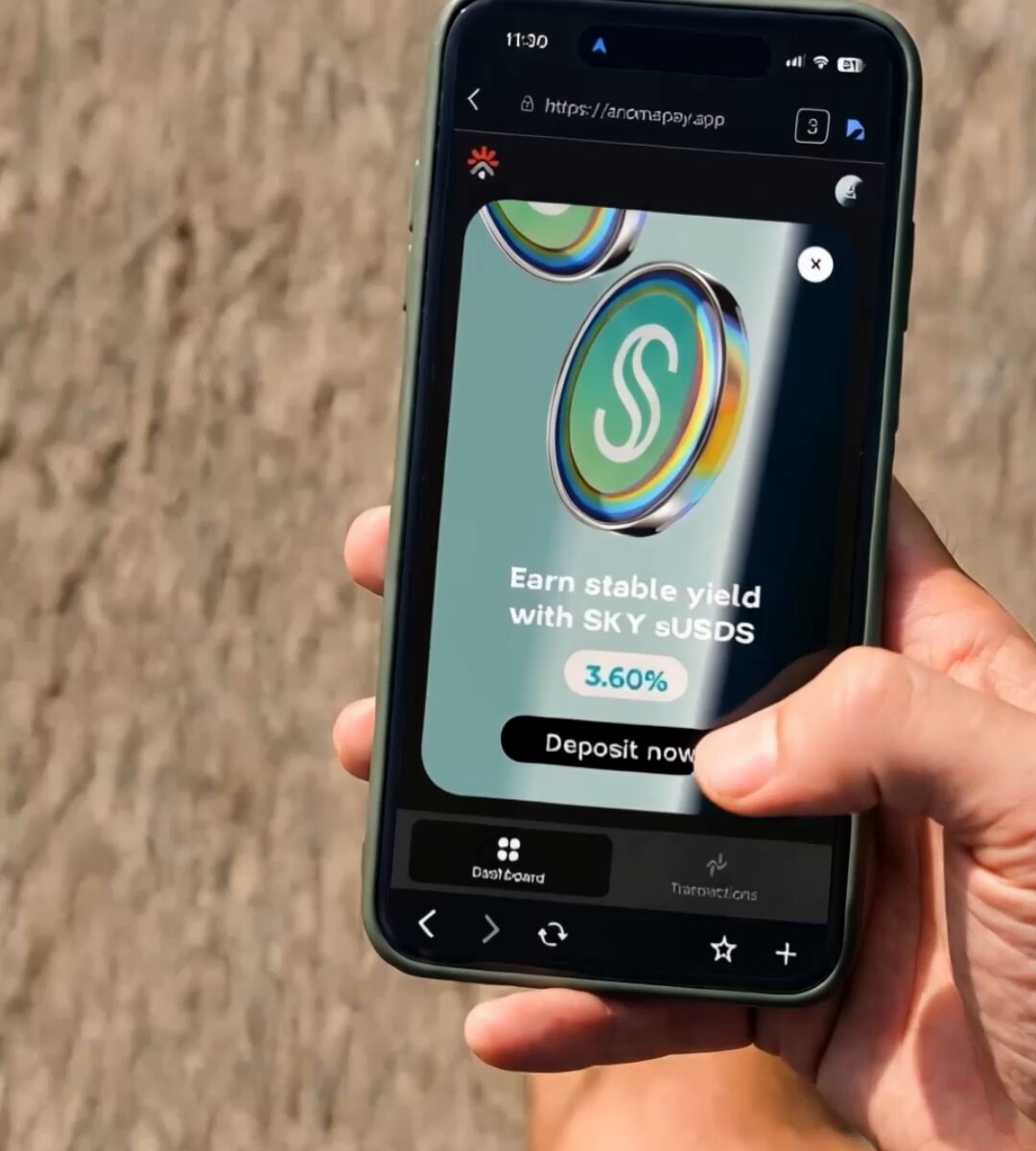 The image shows a person holding up a smartphone displaying a cryptocurrency app, specifically focusing on the coin yield feature. The app is promoting a cryptocurrency called "SkyEcosystem" that offers a 3.6% yield reward with its user-friendly interface for managing and tracking your coins securely. It also has a "Pay now" button available to facilitate immediate transactions without having to reveal personal account details. The Bitcoin address of the wallet owner can be accessed through this app, making it convenient for users to stay up to date on their earnings and manage their assets easily.