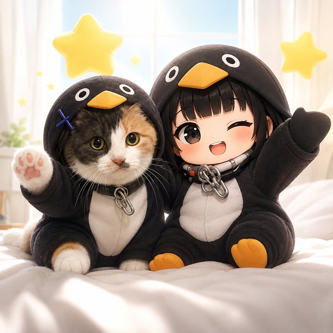 A cute image of a cat and a chibi-style girl both dressed in matching black and white penguin costumes, sitting together on a bed with their paws raised and yellow stars in the background.
