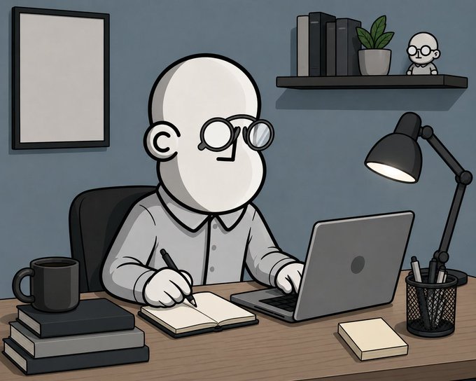 A cartoon illustration of a bald person with round glasses sitting at a desk working on a laptop, with books, a mug, and a desk lamp nearby.