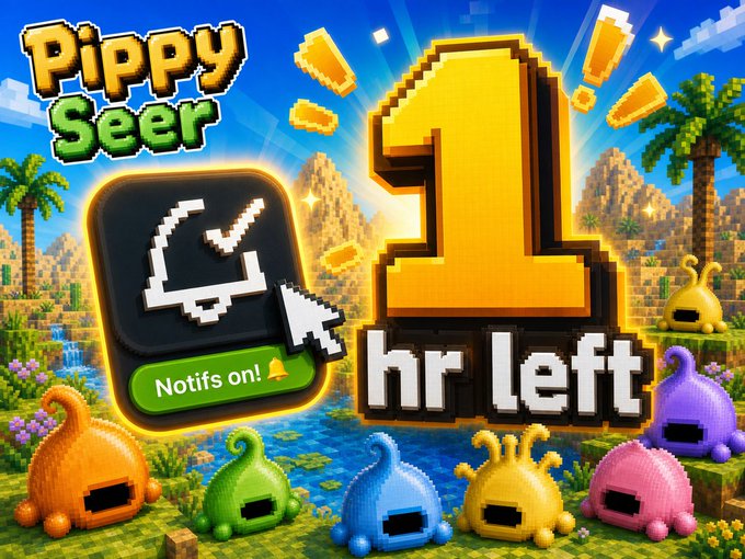 A promotional image for a game or app called 'Pippy Seer' featuring pixel art characters and a countdown showing '1 hr left' with a 'Notifs on!' button.