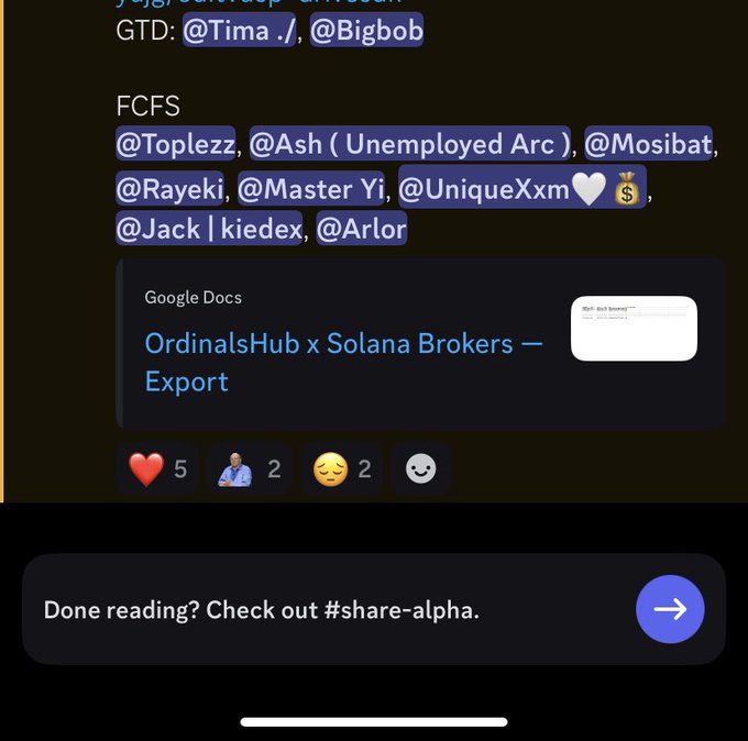 A Discord message screenshot lists usernames tagged under "GTD" (@Tima .|, @Bigbob) and "FCFS" (@Toplezz, @Ash (Unemployed Arc), @Mosibat, @Rayeki, @Master Yi, @UniqueXxm🤍💰, @Jack | kiedex, @Arlor), with a Google Docs link titled "OrdinalsHub x Solana Brokers — Export" receiving 5 hearts, 2 praying emojis, 2 sad faces, and a smiley — aligning with the "🙏" emoji in the post.