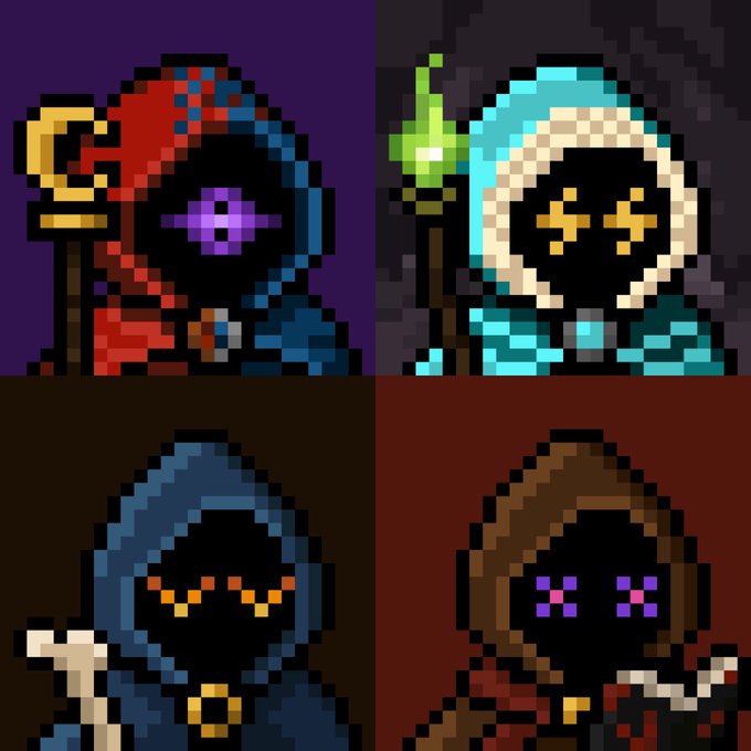 A pixel art collage featuring four hooded mage-like characters with glowing eyes (purple, yellow, orange, and pink) against different colored backgrounds, some holding staffs.