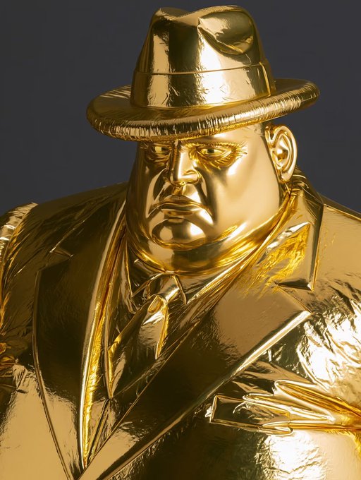 A stylized portrait of a stern man in a wide-brimmed hat, suit, and tie, rendered entirely in reflective gold.