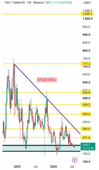 A weekly TAO/USDT chart on Binance showing price at 205.7 USDT (+0.93%), with the asset consolidating in a highlighted support zone between 205.7 and 18.13.50 near the bottom of a descending purple trendline that connects highs from 717.2 in early 2025, capped below horizontal resistance levels at 251.6, 306.6, 399.4, 459.2, 535.8, 700.0, and 1,030.1, with a "DYOR NFA" disclaimer centered on the chart. The visualization directly illustrates the post's point that price remains trapped in the same larger structure, holding long-term support while the descending trendline continues to suppress recoveries.