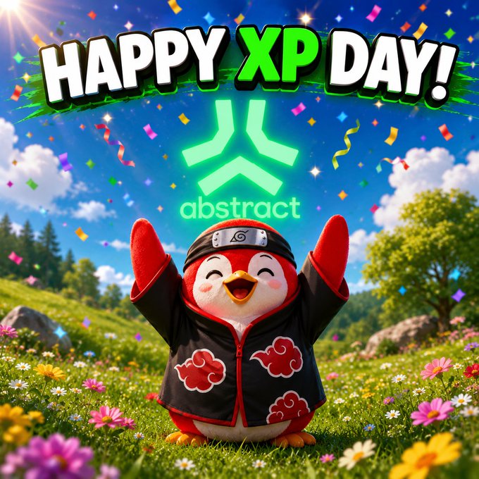 A 'HAPPY XP DAY!' celebratory graphic featuring a penguin mascot dressed in an Akatsuki cloak with arms raised, set in a flower-filled meadow with the 'abstract' logo.